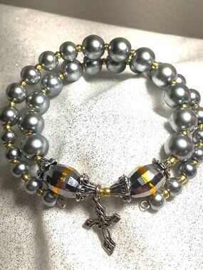 Double Wrap Metallic Gray Beaded Bracelet w/ Silver Cross Charm
